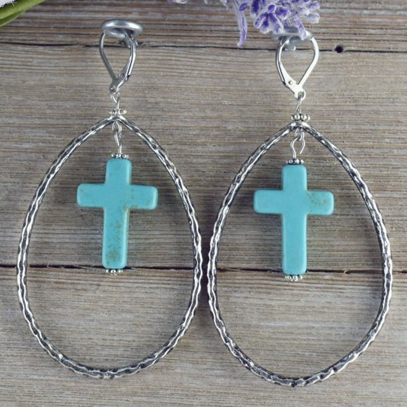 BG Designs Jewelry - Teardrop Turquoise Cross Dangle Earrings